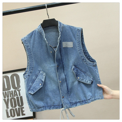 Šiuolaikinė moteriška džinsinė liemenė su ovalia apykakle, sagomis ir kaklaraiščiais