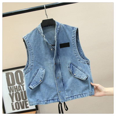 Šiuolaikinė moteriška džinsinė liemenė su ovalia apykakle, sagomis ir kaklaraiščiais