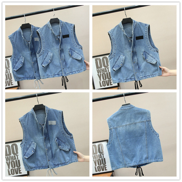 Šiuolaikinė moteriška džinsinė liemenė su ovalia apykakle, sagomis ir kaklaraiščiais