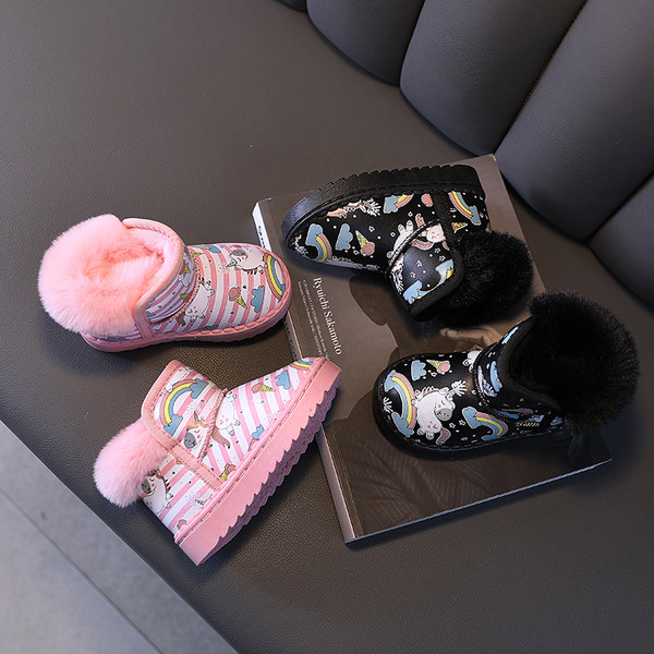 Šiuolaikiški vaikiški batai mergaitėms su pūkais ir vienaragio aplikacijomis