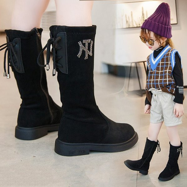 Cizme casual copii pentru fete din piele intoarsa eco cu pietre si cravate