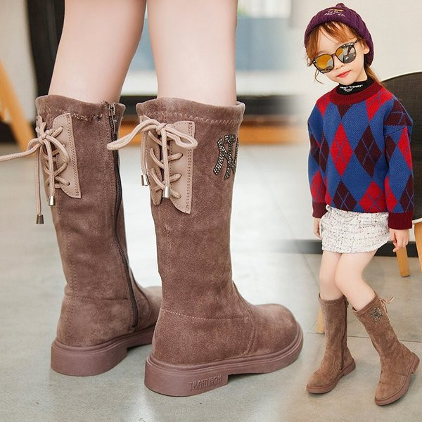 Cizme casual copii pentru fete din piele intoarsa eco cu pietre si cravate