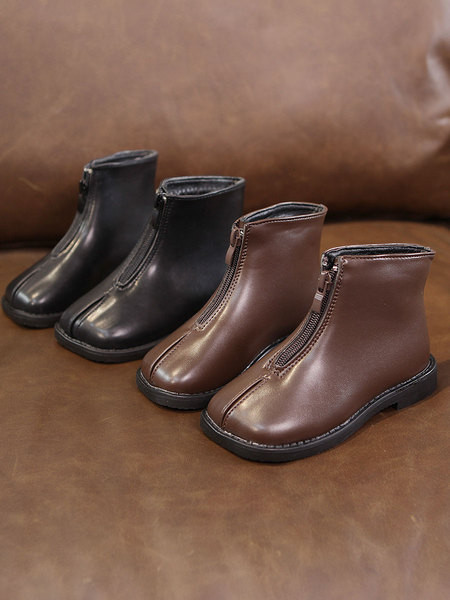 Kožne dječje čizme za djevojčice s ravnim potplatom i patentnim zatvaračem