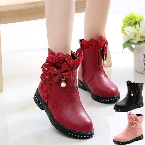 Модерни детски кожени боти с панделка за момичета