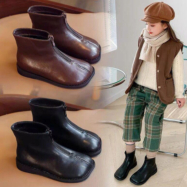 Детски кожени боти с цип и равна подметка в два цвята