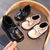 Детски боти от еко кожа с панделка и равна подметка за момичета