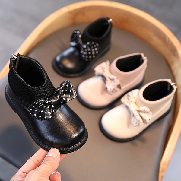 Детски боти от еко кожа с панделка и равна подметка за момичета