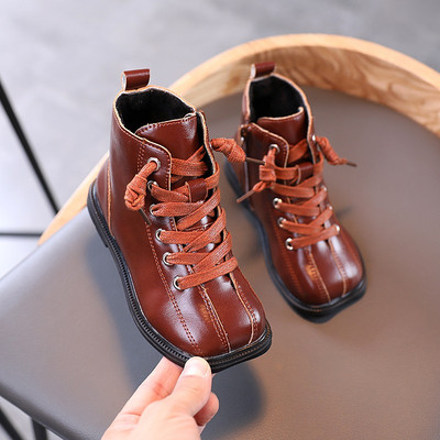 Детски кожени боти с връзки и равна подметка за момичета