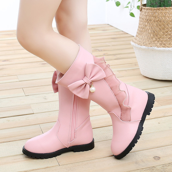 Актуални детски ботуши от еко кожа с панделка