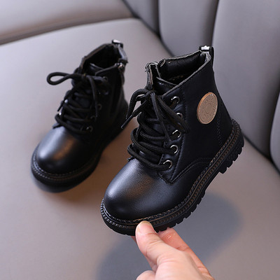 Детски боти от еко кожа с емблема и връзки - с мека подплата или без