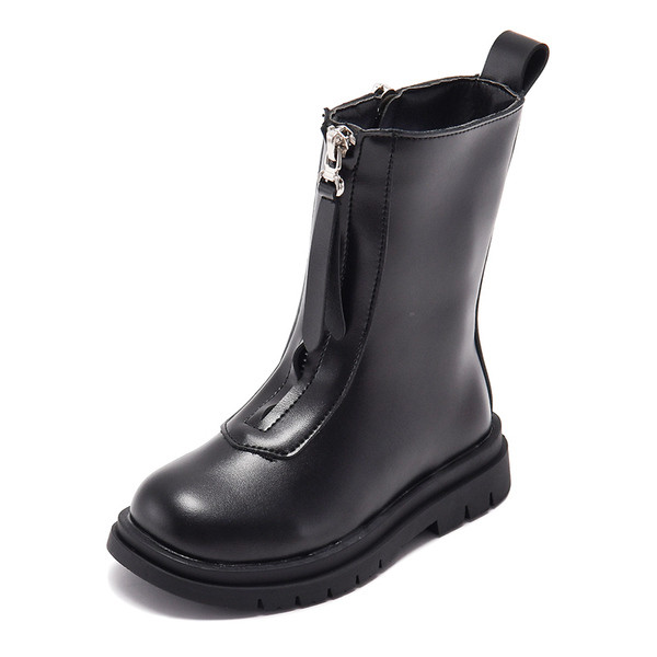 Черни детски боти от еко кожа с равна подметка и цип