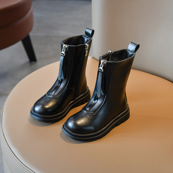 Черни детски боти от еко кожа с равна подметка и цип