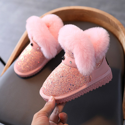 Детски лъскави ботуши с пух и камъни за момичета