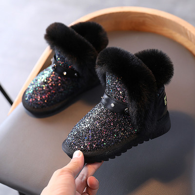 Детски лъскави ботуши с пух и камъни за момичета