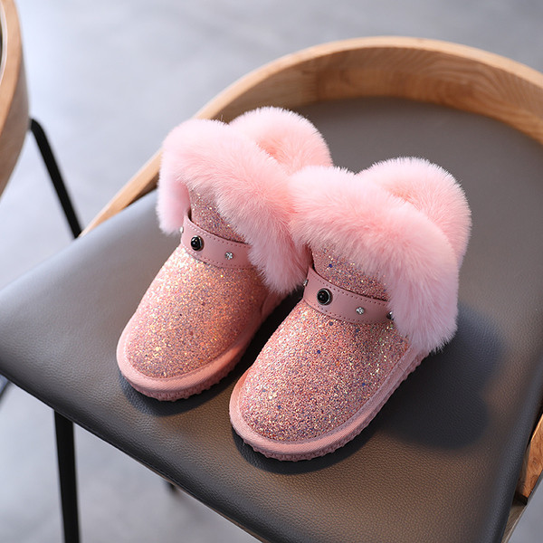 Детски лъскави ботуши с пух и камъни за момичета