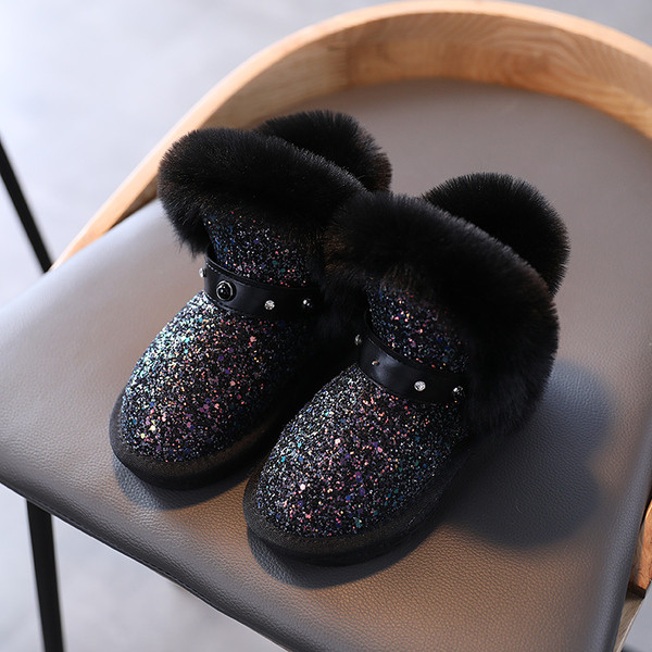 Детски лъскави ботуши с пух и камъни за момичета