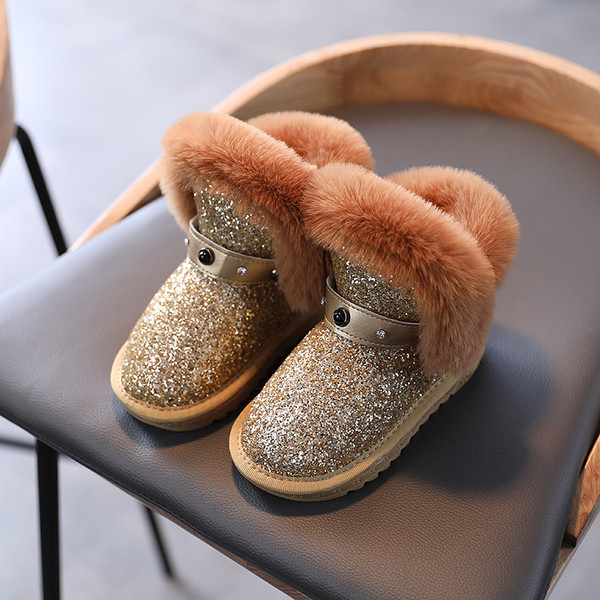 Детски лъскави ботуши с пух и камъни за момичета