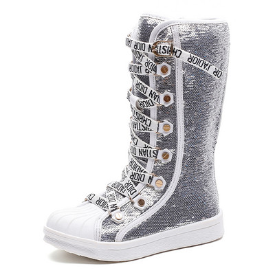 Модерни детски ботуши за момичета с пайети и връзки