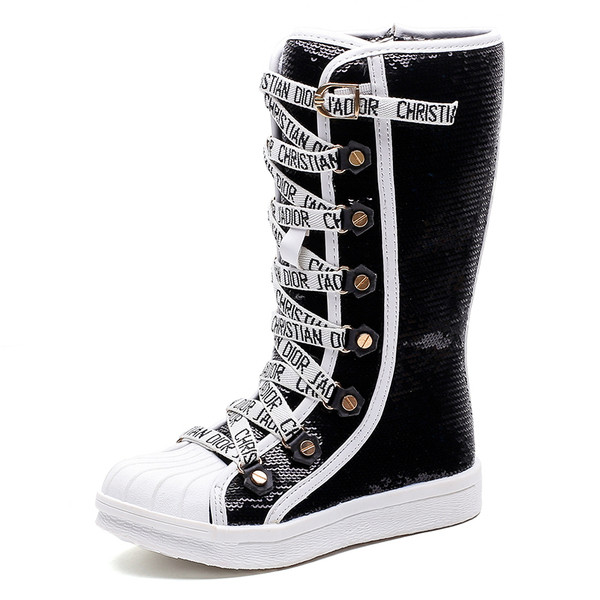 Модерни детски ботуши за момичета с пайети и връзки