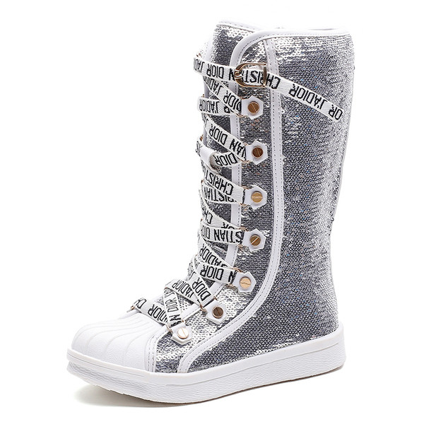 Модерни детски ботуши за момичета с пайети и връзки