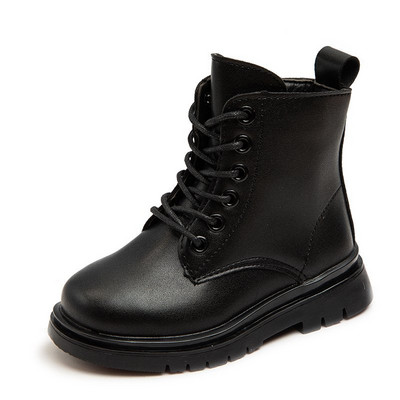 Детски боти или ботуши от еко кожа с връзки в черен цвят