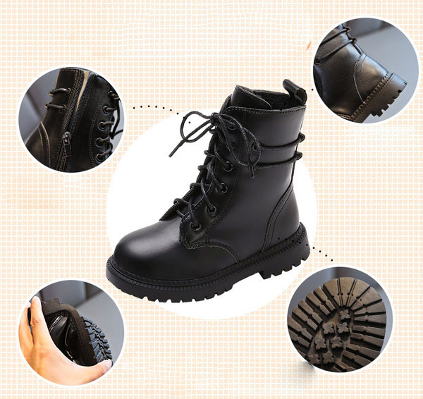 Παιδικές μαύρες μπότες από οικολογικό δέρμα με κορδόνια και φερμουάρ