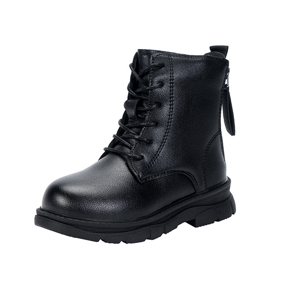 Παιδικές έκο δερμάτινες μπότες με φερμουάρ και κορδόνια σε μαύρο χρώμα