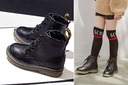 Παιδικές έκο δερμάτινες μπότες με κορδόνια και επίπεδη σόλα σε μαύρο και ροζ χρώμα