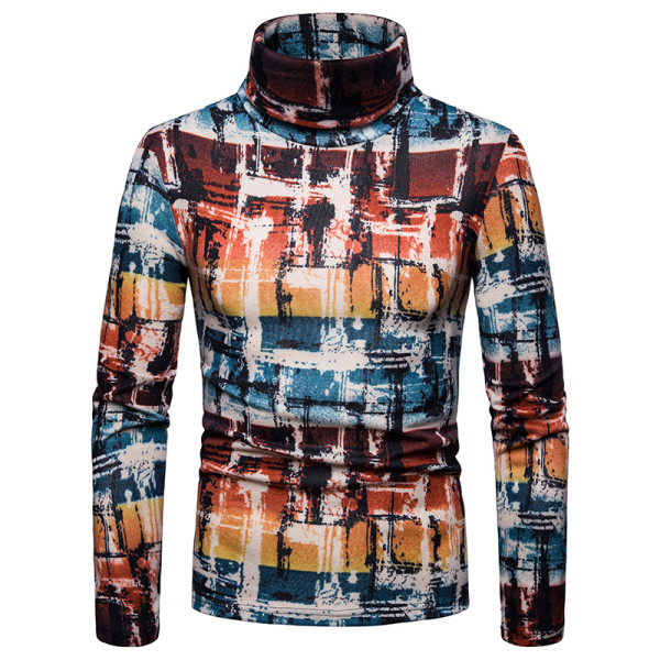 Férfi topikus pulóverre szabott modell magas gallérral