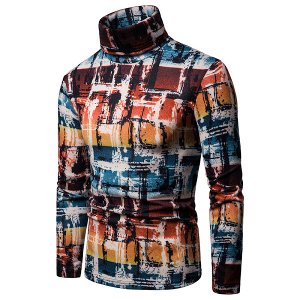 Férfi topikus pulóverre szabott modell magas gallérral