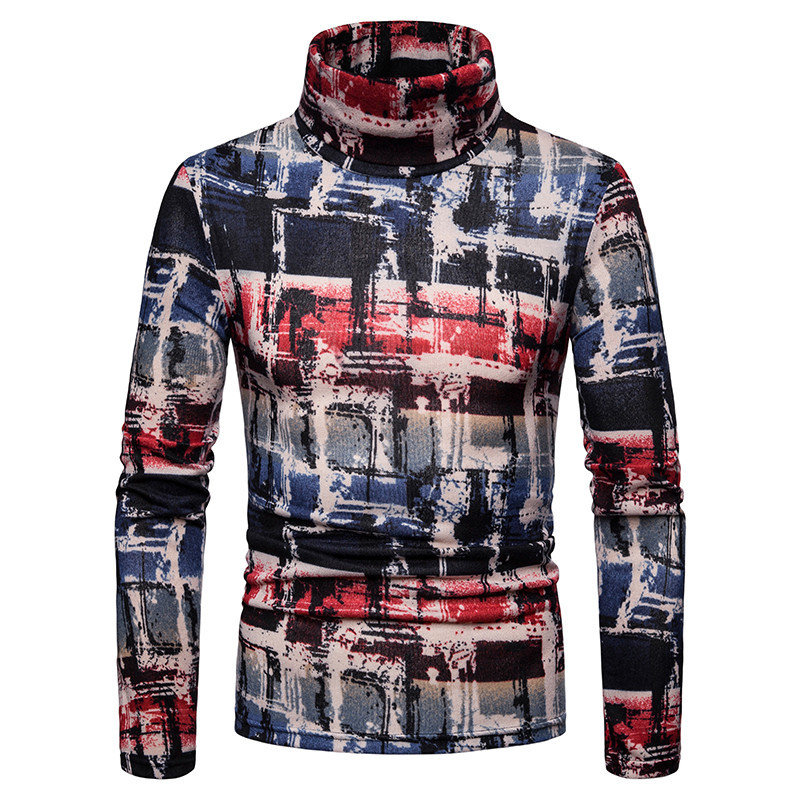 Férfi topikus pulóverre szabott modell magas gallérral