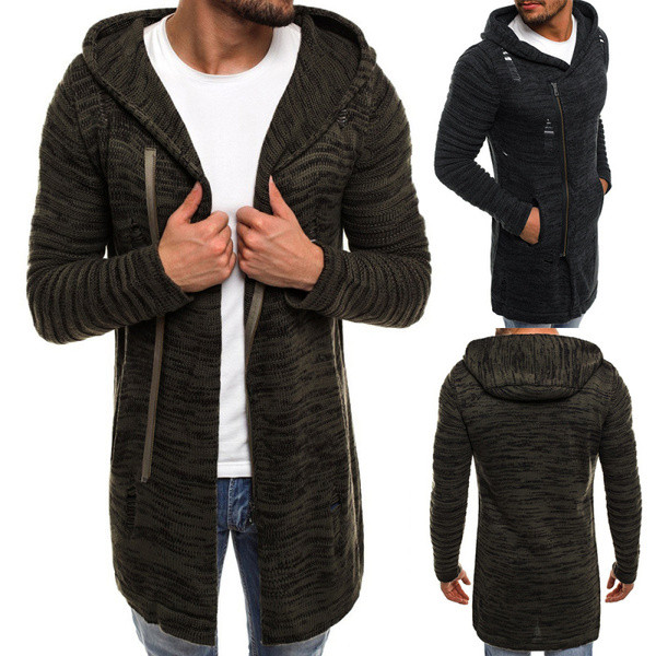 Muški ležerni dugi kardigan s kapuljačom i patentnim zatvaračem