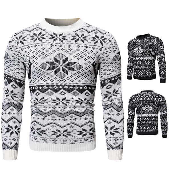 Μοντέρνο  ανδρικό πουλόβερ με μοτίβο και οβάλ ντεκολτέ