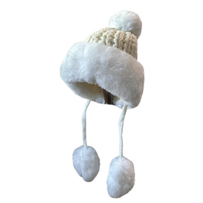 Πλεκτό γυναικείο καπέλο με κορδόνια και γούνα