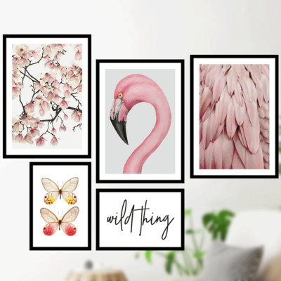 Fali dekoráció virágokkal és flamingókkal