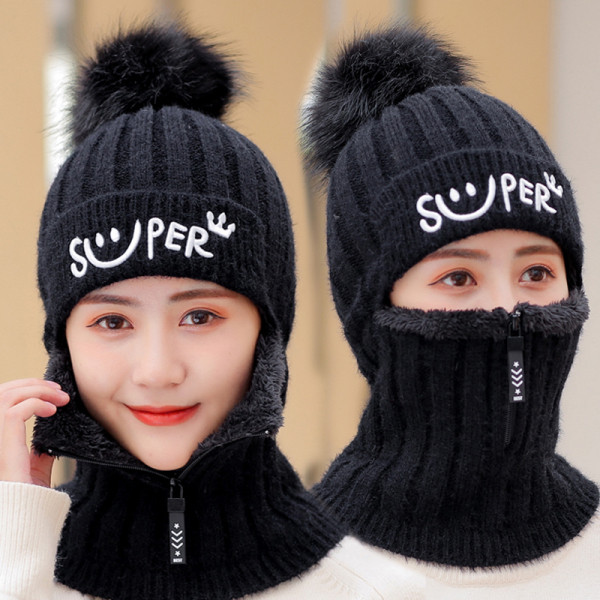 Дамска зимна плетена шапка с пух - яколко модела