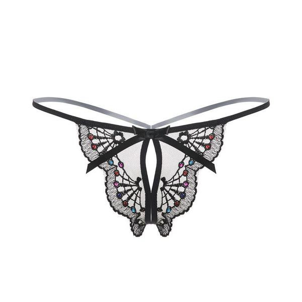 Női tanga színes hímzéssel és szalaggal