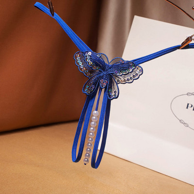 Изрязан модел дамски прашки с перли и бродерия пеперуда с пайети