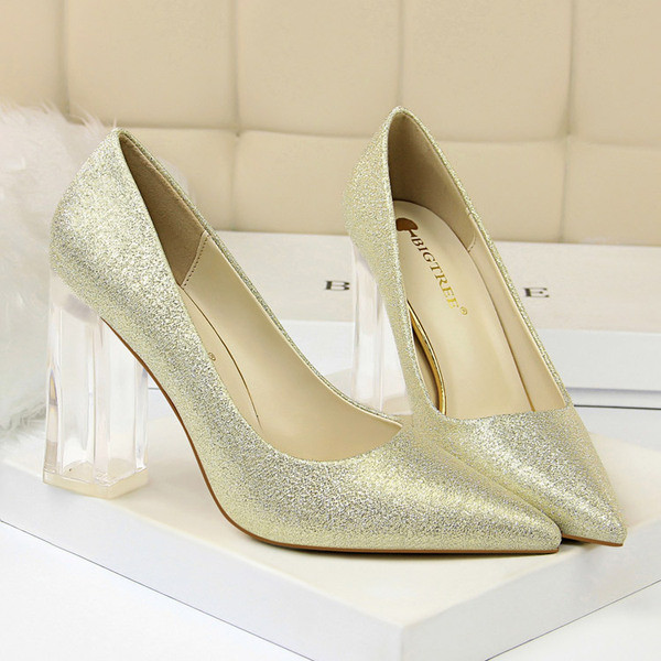 Ženski model cipela na špic s debelom prozirnom petom