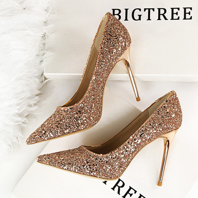 Pantofi de dama stralucitori ascutit cu toc subtire de 9 cm