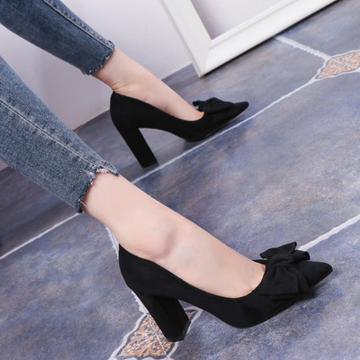 Pantofi eleganti de dama cu toc din piele intoarsa ecologica cu panglica