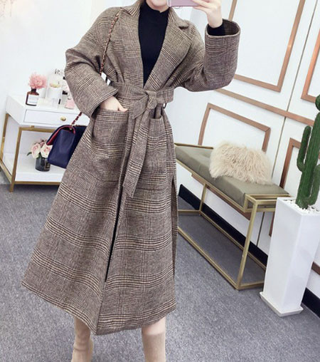 Дамско вълнено палто с джобове и колан 