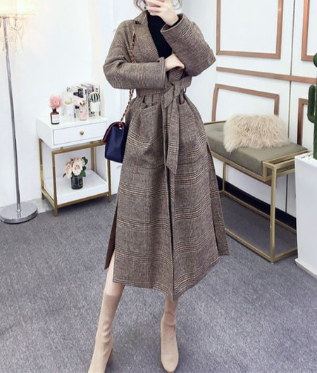 Дамско вълнено палто с джобове и колан 