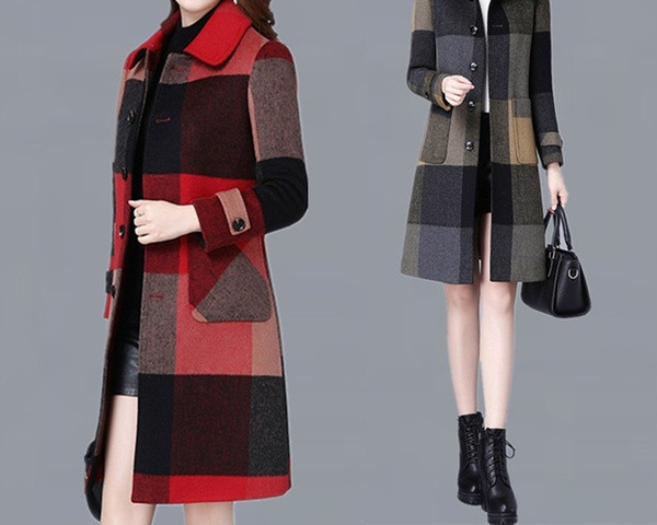 Modern női hosszú kockás kabát gombokkal