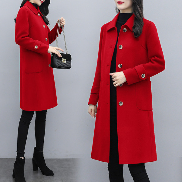 Стилно дамско дълго палто с копчета и джобове в черен и червен цвят