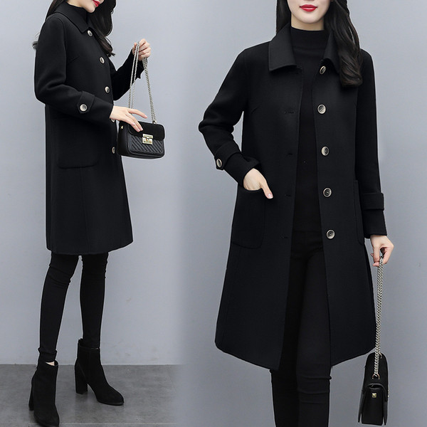 Стилно дамско дълго палто с копчета и джобове в черен и червен цвят