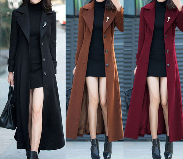 Moteriškas ilgas vilnonis paltas su sagomis