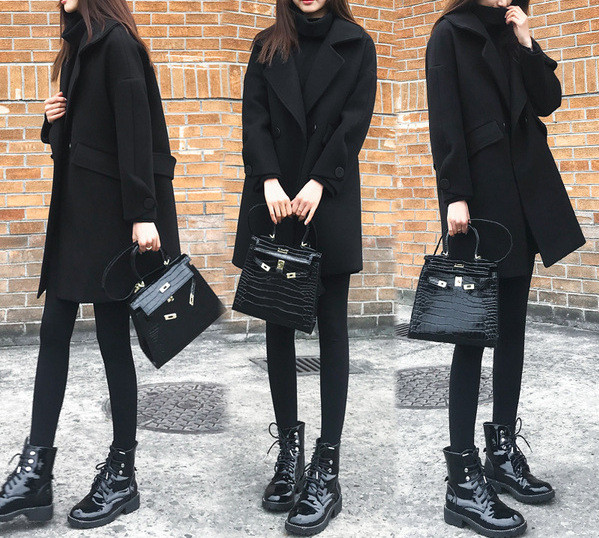 Актуално черно дамско палто прав модел с V-образно деколте