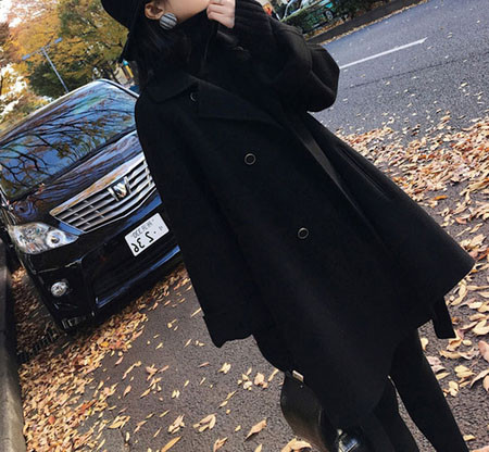 Palton negru de dama cu centura si nasturi