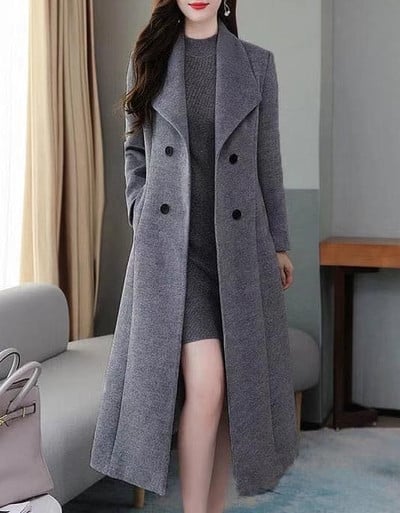 Нов модел дълго дамско палто с шпиц деколте в черен и сив цвят